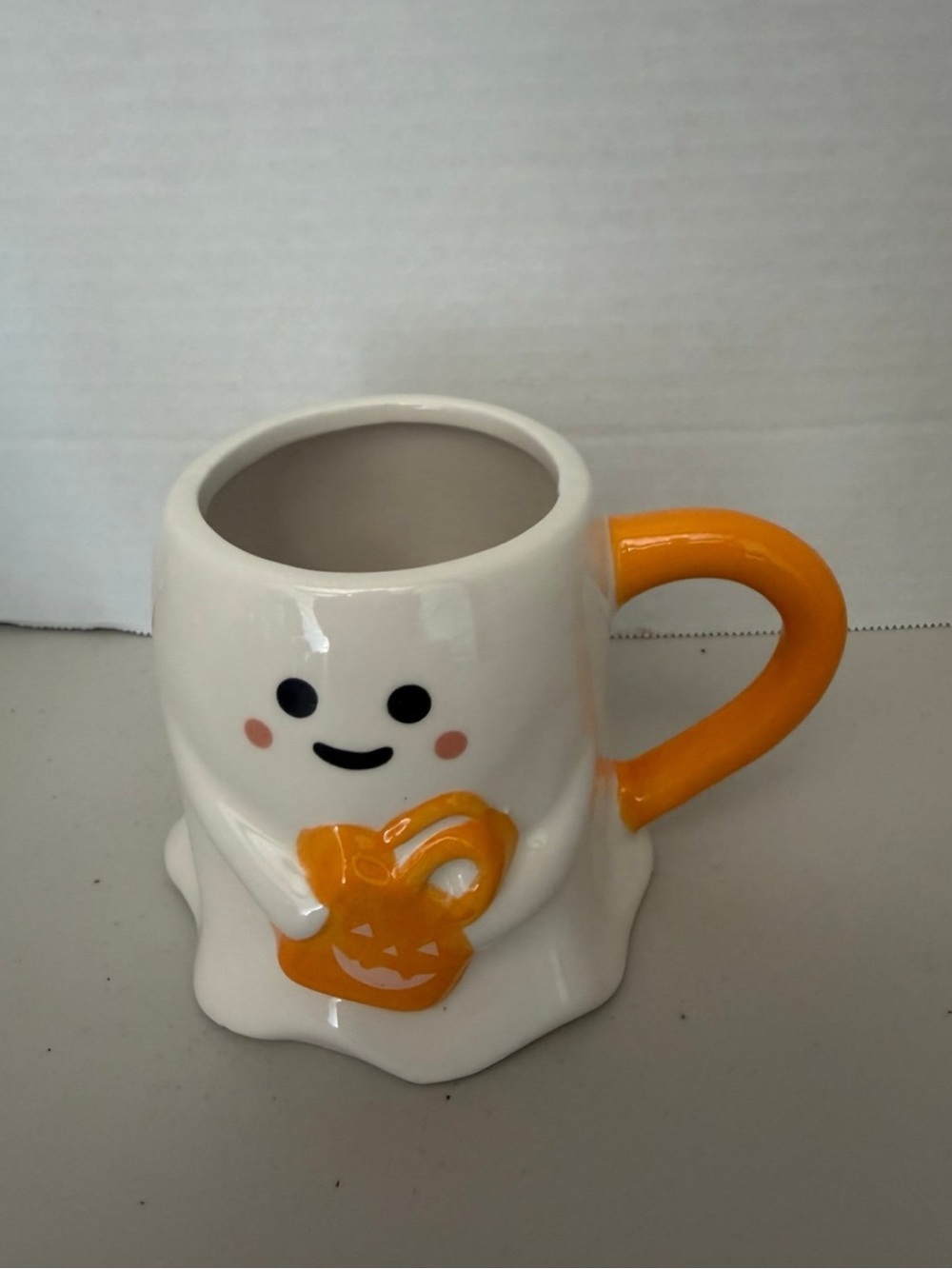 Cute Ghost Ceramic Mug with Orange Handle and Pumpkin Accent